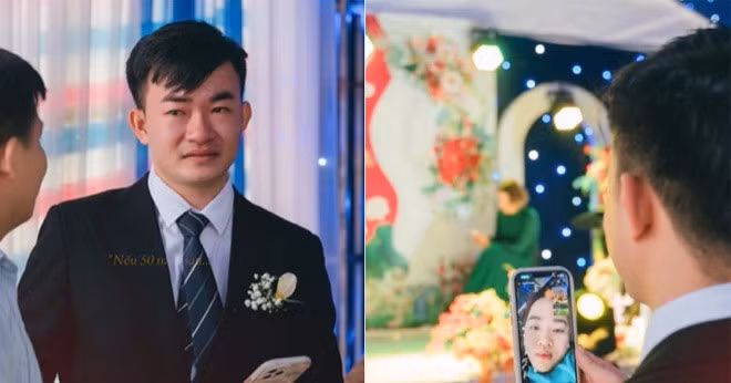 Chú rể bật khóc trong đám cưới vắng cô dâu. Ảnh cắt từ clip của Đinh Thùy Dương