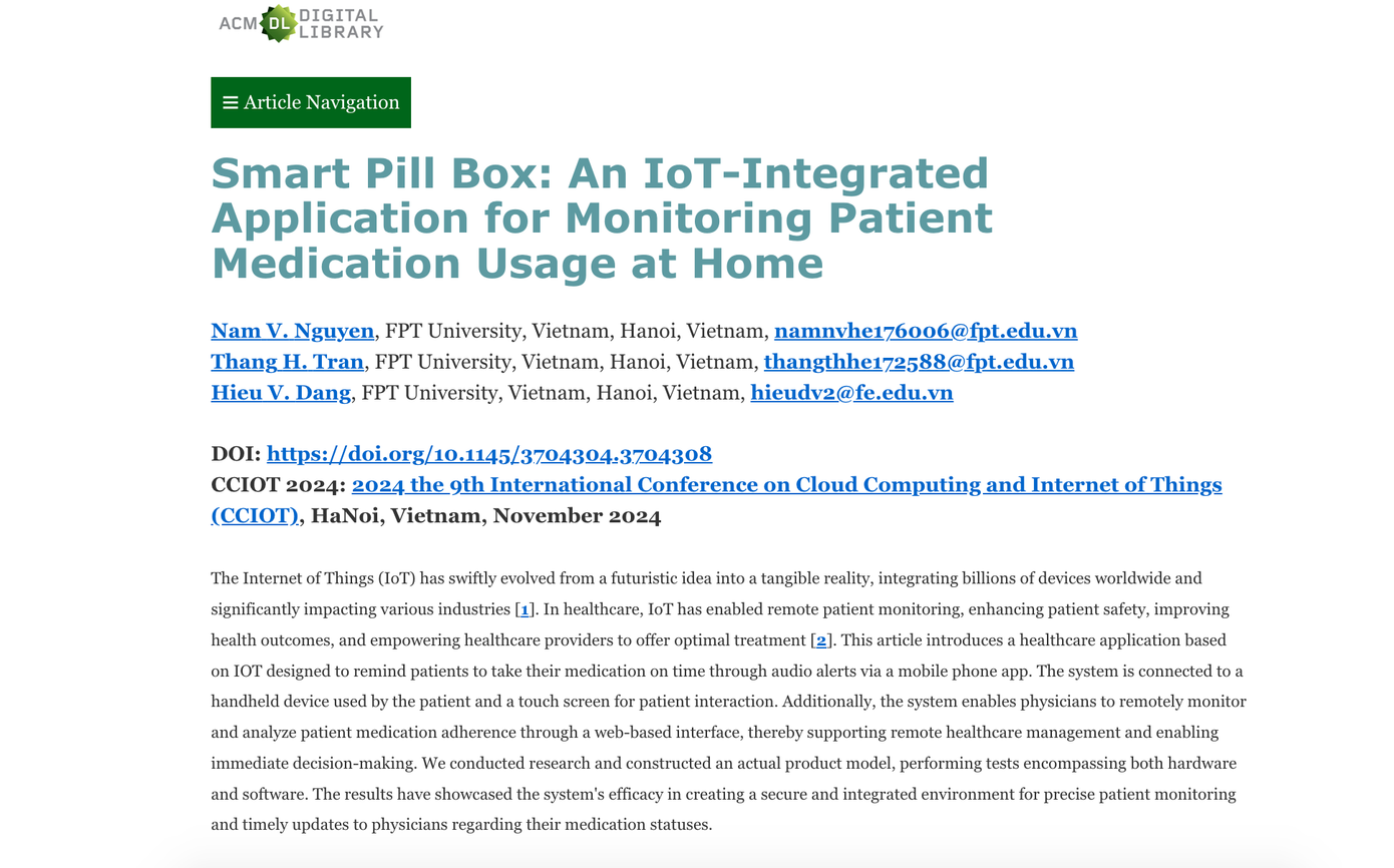 Bài nghiên cứu khoa học “Ứng dụng IoT trong việc theo dõi sử dụng thuốc tại nhà” của nhóm Nguyễn Văn Nam được trình bày tại Hội thảo quốc tế CCIOT 2024. Ảnh: VA Bài nghiên cứu khoa học “Ứng dụng IoT trong việc theo dõi sử dụng thuốc tại nhà” của nhóm Nguyễn Văn Nam được trình bày tại Hội thảo quốc tế CCIOT 2024. Ảnh: VA