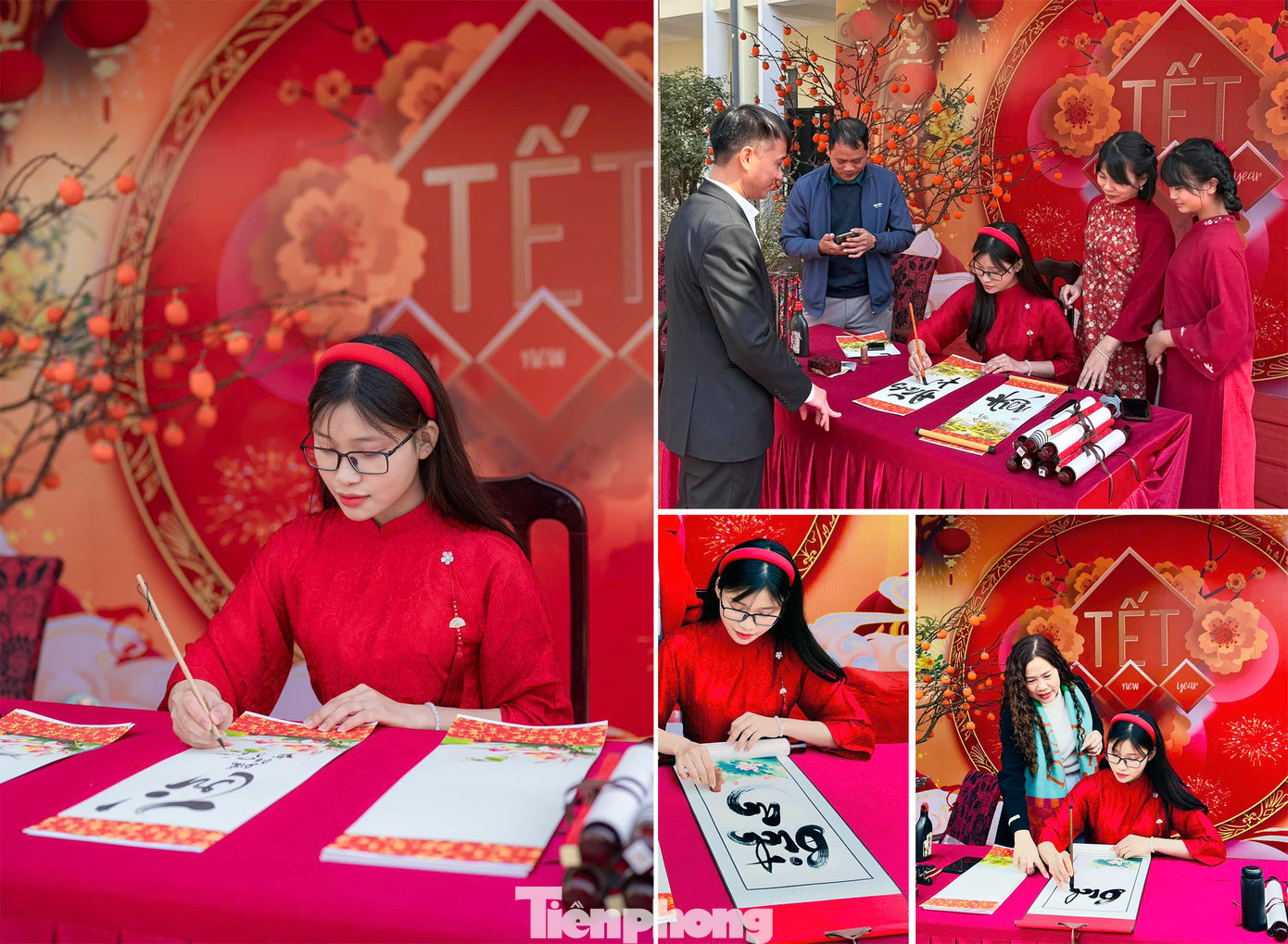 "Cô đồ" Tống Thị Dung viết chữ tại chương trình Tết tại trường THCS Ngô Sĩ Liên (Bắc Giang). Ảnh: NVCC "Cô đồ" Tống Thị Dung viết chữ tại chương trình Tết tại trường THCS Ngô Sĩ Liên (Bắc Giang). Ảnh: NVCC