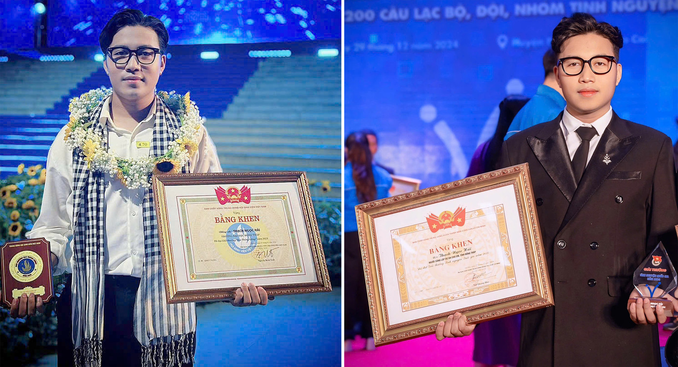 Thạch Ngọc Hải vinh dự được trao tặng giải thưởng Sao Tháng Giêng năm 2023, giải thưởng Tình nguyện Quốc gia năm 2024. Ảnh: NVCC