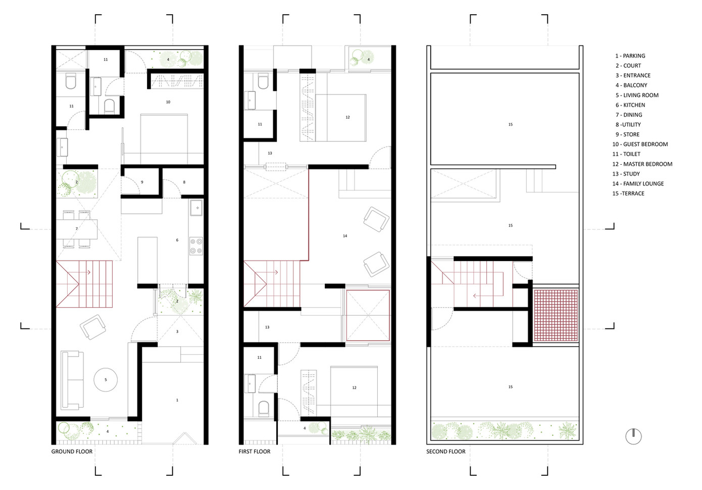 Thách thức ban đầu mà địa điểm đặt ra là lô đất hẹp, do đó chỉ xây được nhà ống nên ánh sáng tự nhiên sẽ không thể vào được nhiều khu vực. Để giải quyết vấn đề này, kiến trúc sư ưu tiên tạo ra các khu vực sân gợi lên màu xanh, vừa là giếng trời vừa là không gian tương tác.