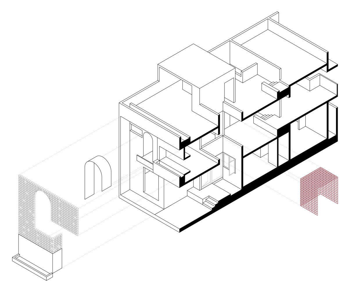 Thách thức ban đầu mà địa điểm đặt ra là lô đất hẹp, do đó chỉ xây được nhà ống nên ánh sáng tự nhiên sẽ không thể vào được nhiều khu vực. Để giải quyết vấn đề này, kiến trúc sư ưu tiên tạo ra các khu vực sân gợi lên màu xanh, vừa là giếng trời vừa là không gian tương tác.