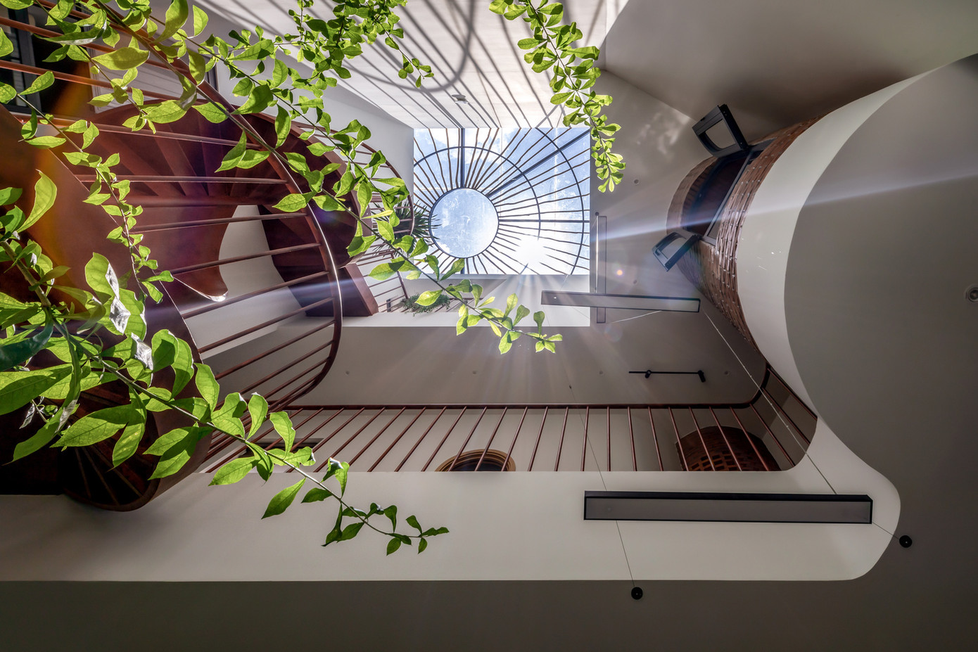 Khu vực mái được sử dụng như một sân thượng lớn. Phần phía trước đóng vai trò là không gian thư giãn cho gia đình và bạn bè, trong khi phần phía sau được sử dụng làm khu vực phơi đồ, kết hợp với việc trồng cây ăn quả theo sở thích của chủ nhà.