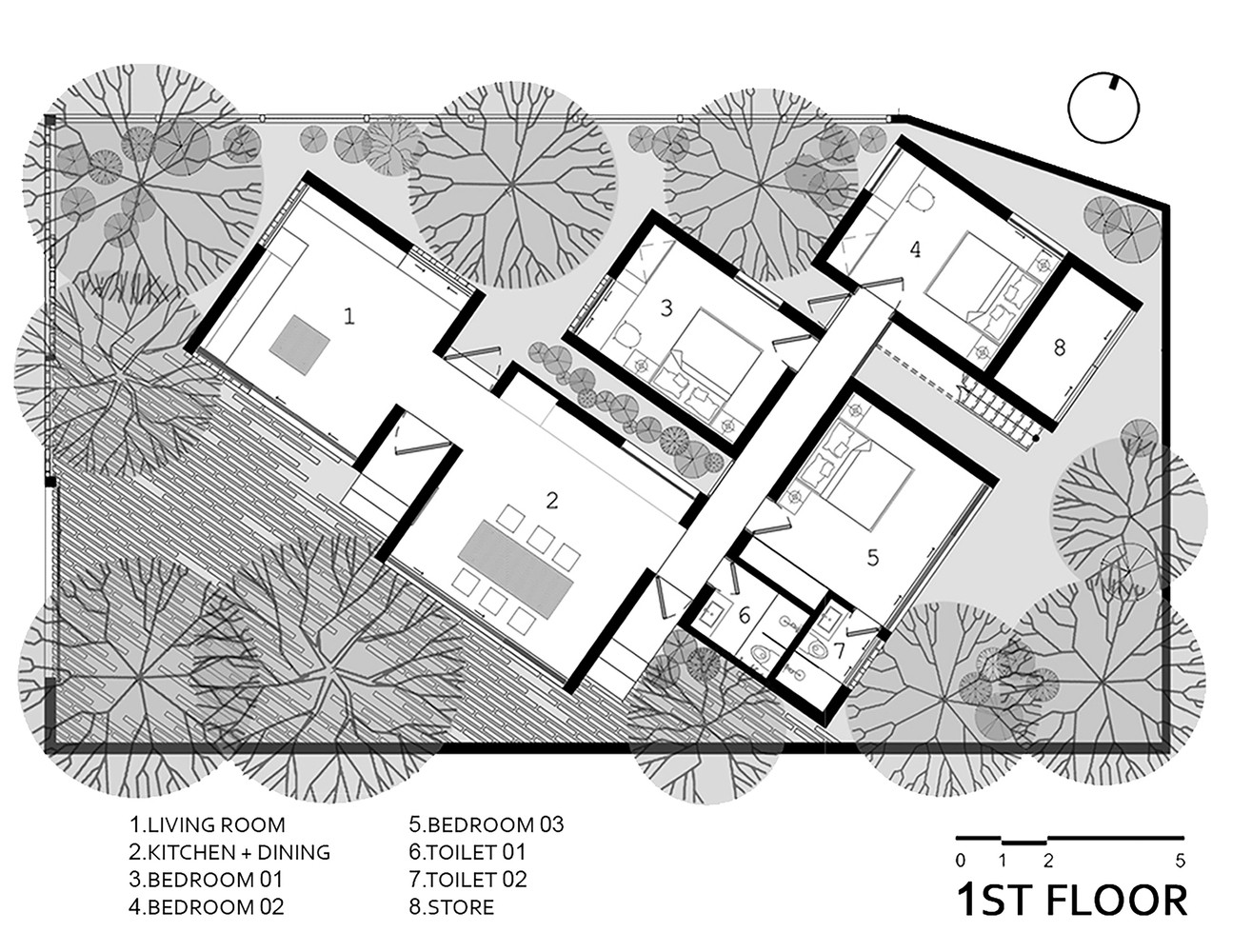 Theo thiết kế, ngôi nhà gồm 5 khối độc lập, được kết nối với nhau bằng hành lang trong nhà. Theo thiết kế, ngôi nhà gồm 5 khối độc lập, được kết nối với nhau bằng hành lang trong nhà.