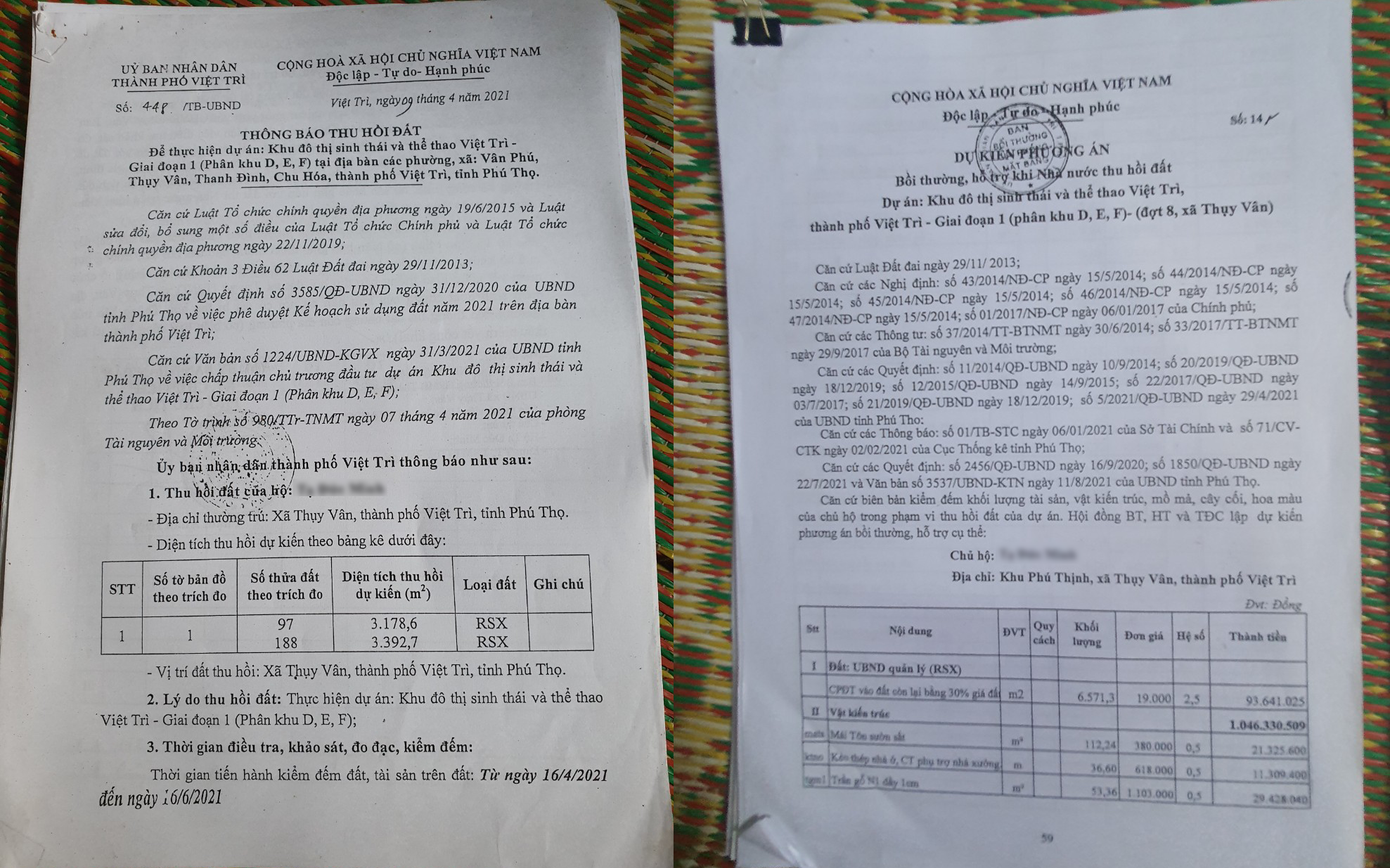 Cụ thể, tháng 3/2021, sau khi UBND tỉnh Phú Thọ có văn bản chấp thuận chủ trương đầu tư lần đầu dự án Khu đô thị sinh thái và thể thao Việt Trì giai đoạn 1, gia đình ông T.Đ.M và 1.000 hộ dân thuộc địa bàn phường Vân Phú, xã Chu Hóa và xã Thụy Vân của TP Việt Trì lần lượt nhận được thông báo thu hồi đất để thực hiện dự án.