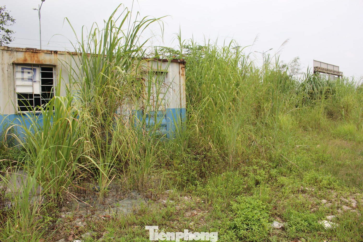 Cổng chào, pano dự án đã bạc màu và xuống cấp.