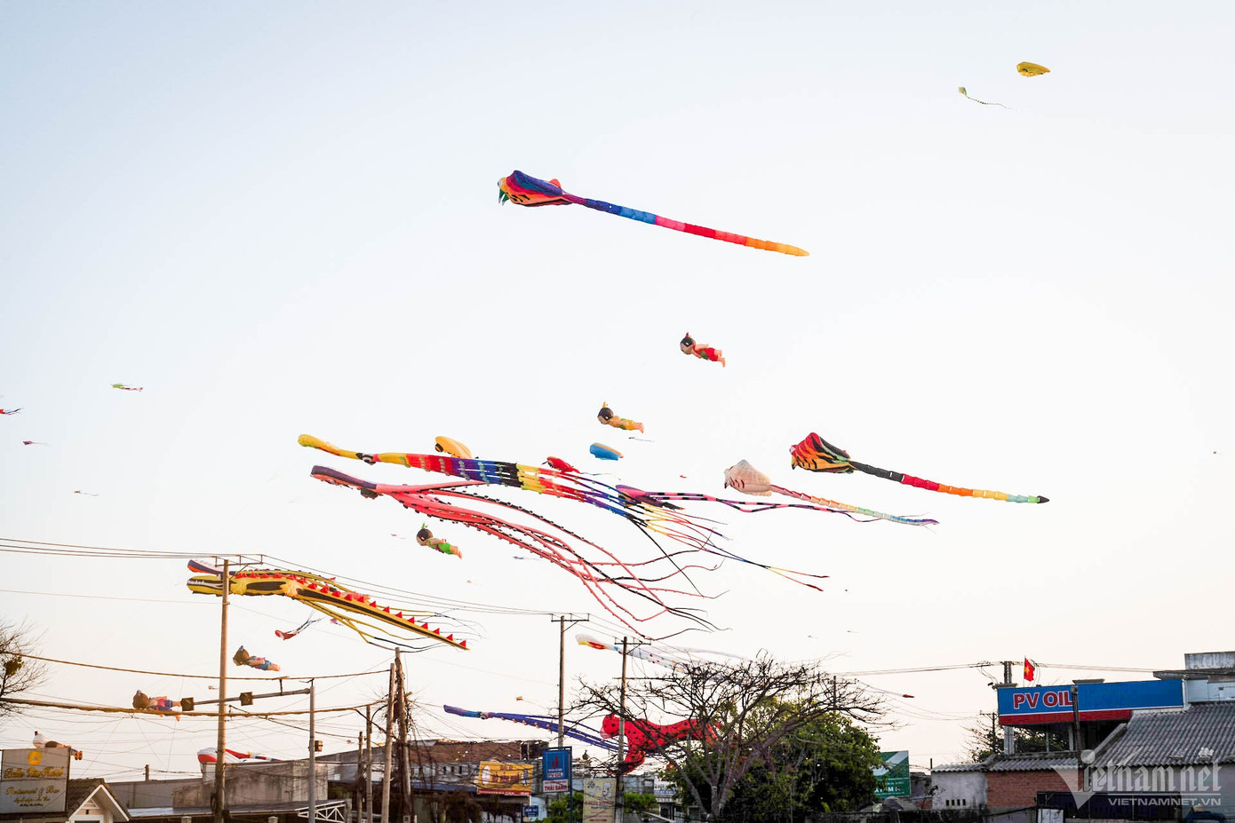 Hàng trăm cánh diều khổng lồ với đủ các hình dạng và màu sắc sặc sỡ tung bay trên bầu trời, dưới làn gió biển lồng lộng khiến du khách và người dân thích thú.