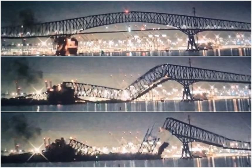 Một tàu container đã đâm vào cầu Francis Scott Key ở cảng Baltimore (bang Maryland, Mỹ) sáng sớm 26/3, khiến cây cầu bất ngờ đổ sập và nhiều phương tiện rơi xuống sông Patapsco. Ảnh: Reuters