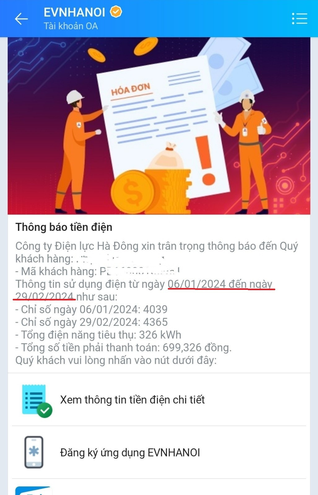 Số ngày tính tiền điện đợt này là gần 2 tháng.
