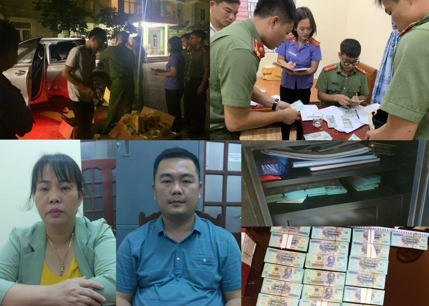 Quách Thị Huyền và Lê Quốc Bảo cùng số tiền giả thu được.