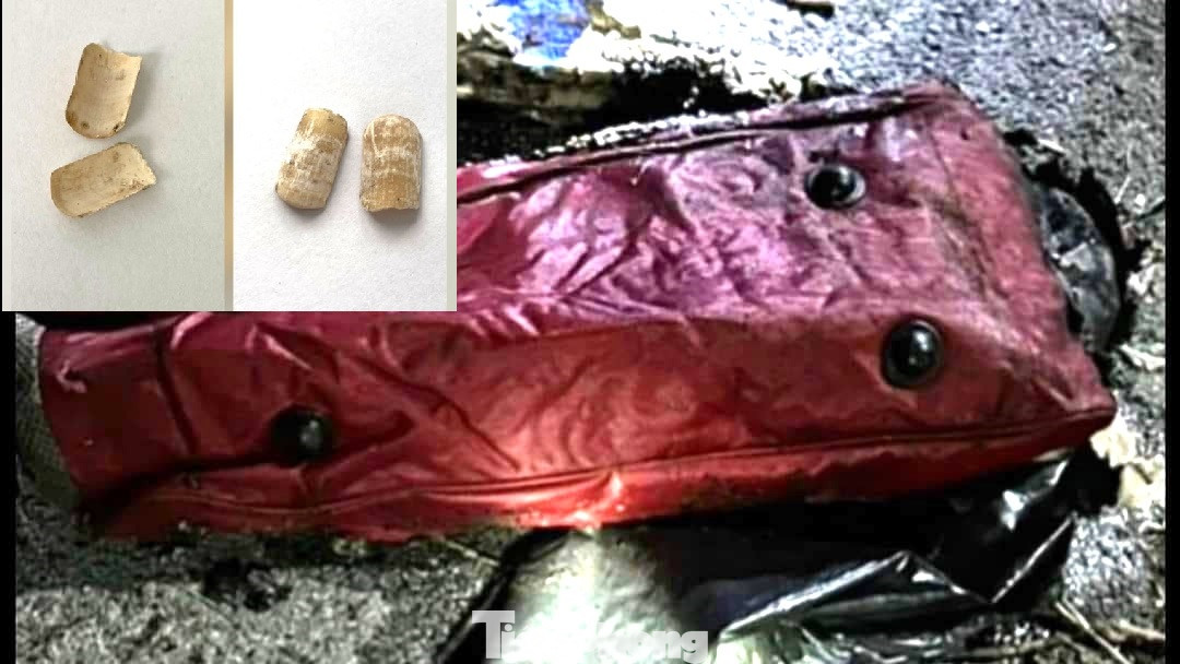 Móng tay giả (ảnh nhỏ) và túi đựng thi thể (ảnh lớn) tại hiện trường