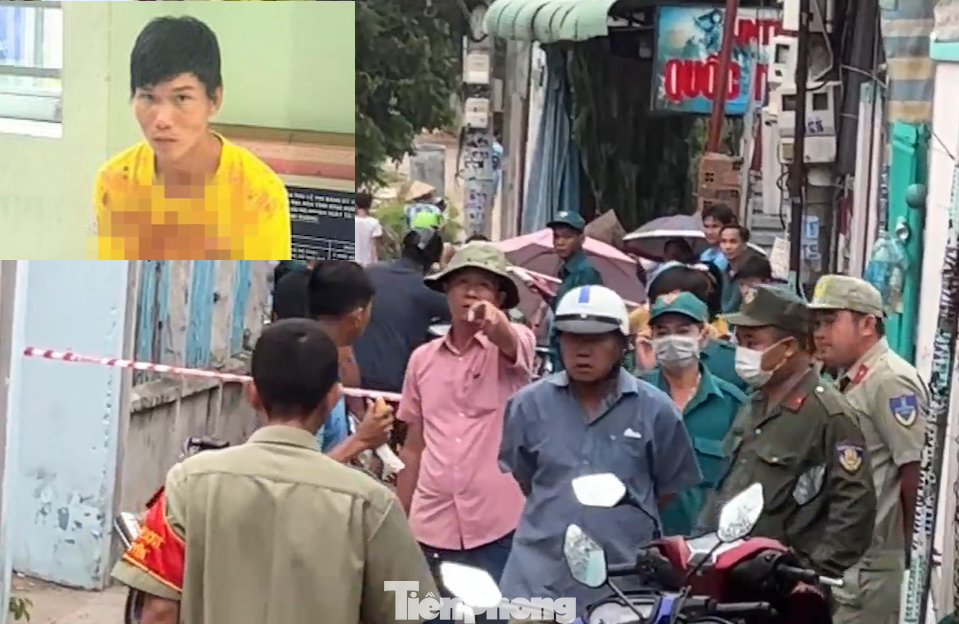 Lê Phú Quý trên áo dính đầy máu (ảnh nhỏ) và hiện trường vụ án (ảnh lớn)