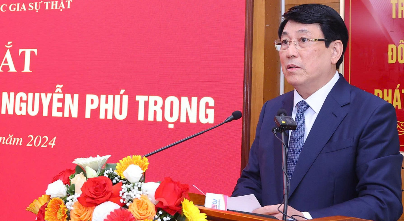 Đại tướng Lương Cường, Ủy viên Bộ Chính trị, Thường trực Ban Bí thư phát biểu chỉ đạo tại lễ ra mắt tủ sách điện tử Tổng Bí thư Nguyễn Phú Trọng.