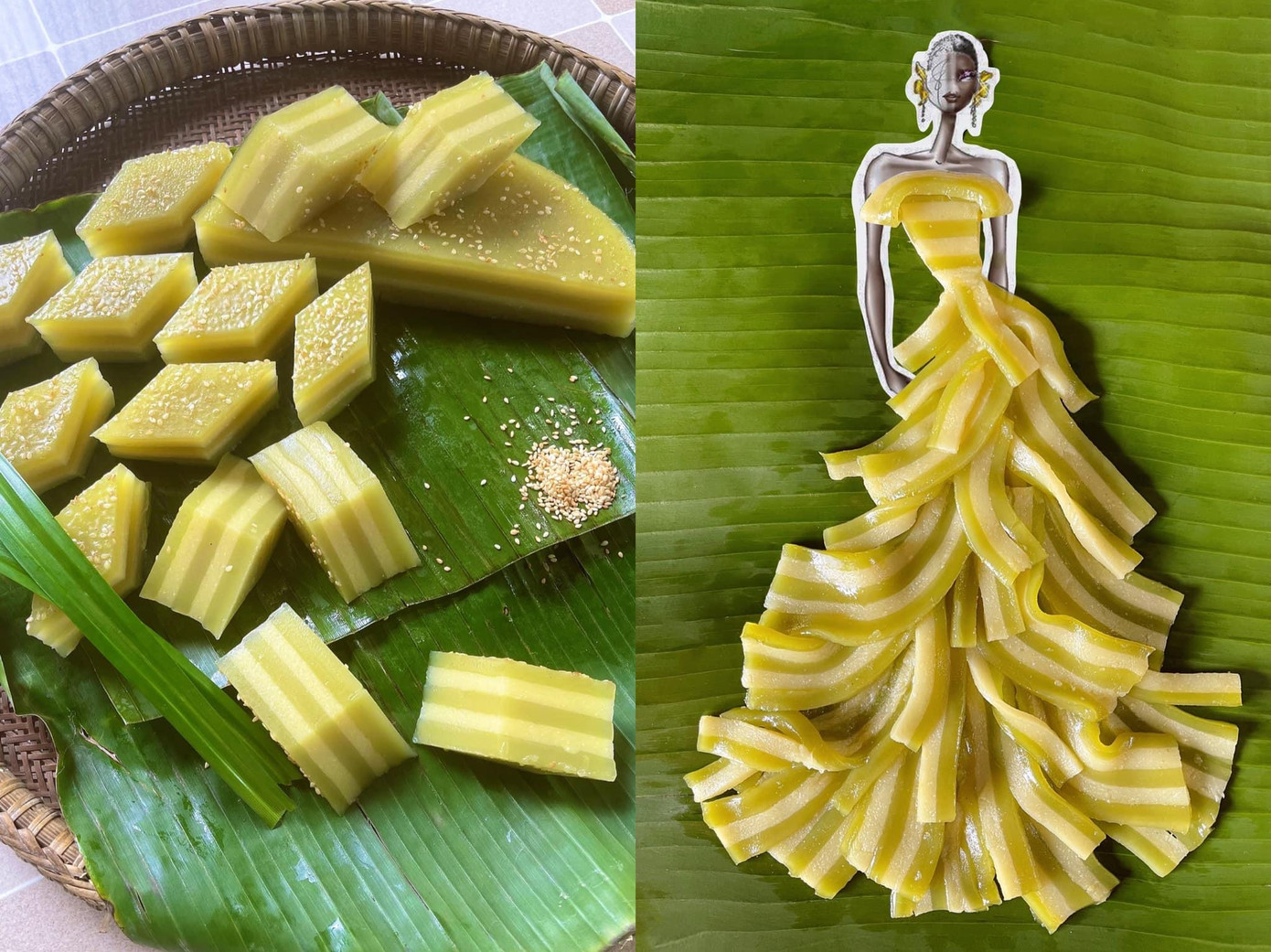 Những chiếc bánh da lợn được sắp xếp cầu kỳ tạo nên một chiếc váy đầy nữ tính.