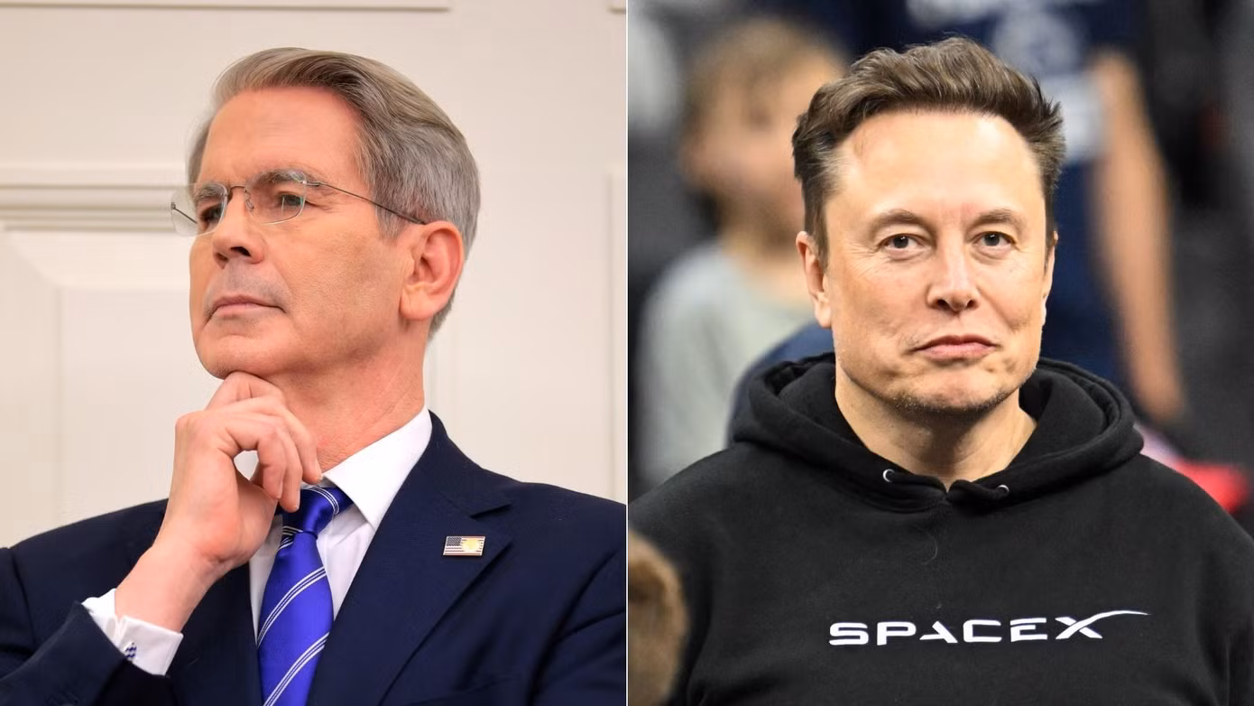 Tỷ phú công nghệ Elon Musk và Bộ trưởng Tài chính Mỹ Scott Bessent. (Ảnh: Axios)