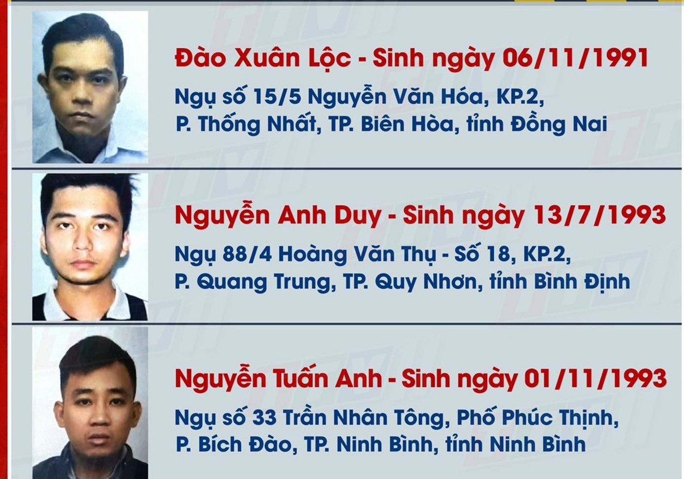 3 đối tượng đang bị truy nã đặc biệt. 3 đối tượng đang bị truy nã đặc biệt.