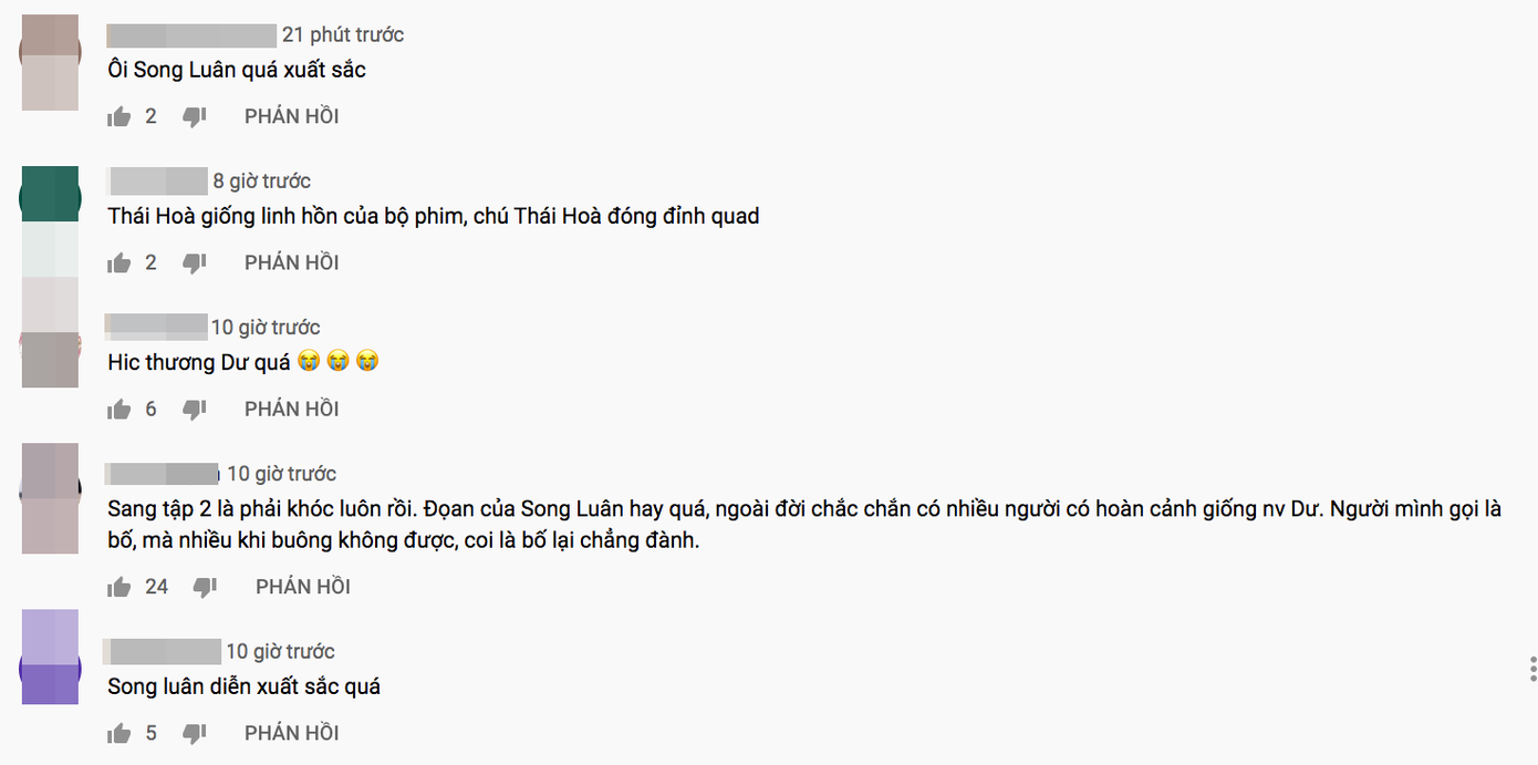 Những dòng bình luận khen ngợi của khán giả dành cho vai Dư của Song Luân bên dưới tập 2. Những dòng bình luận khen ngợi của khán giả dành cho vai Dư của Song Luân bên dưới tập 2.