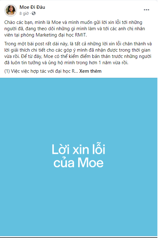 Bài xin lỗi của Moe thu hút sự quan tâm của những bạn trẻ theo dõi cô. Bài xin lỗi của Moe thu hút sự quan tâm của những bạn trẻ theo dõi cô.