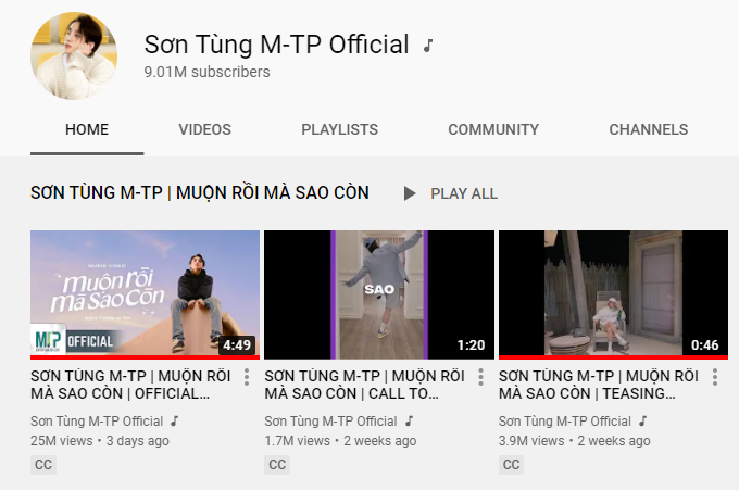 Lượt theo dõi chính thức của khán giả dành cho Sơn Tùng M-TP. Lượt theo dõi chính thức của khán giả dành cho Sơn Tùng M-TP.