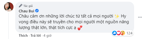 Châu Bùi gửi lời cảm ơn đến khán giả luôn yêu mến và dành nhiều lời chúc cho cô. Châu Bùi gửi lời cảm ơn đến khán giả luôn yêu mến và dành nhiều lời chúc cho cô.