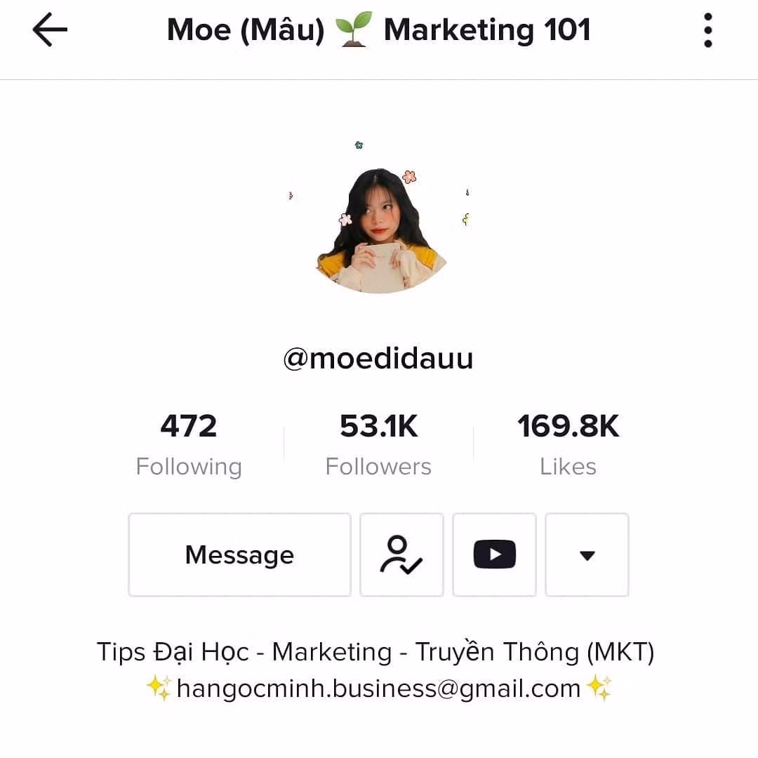 Tài khoản mạng xã hội của cô nàng GenZ sở hữu ở YouTube: 103 ngàn lượt đăng ký, TikTok: 53,1 ngàn lượt theo dõi và Instagram 35 ngàn lượt theo dõi.