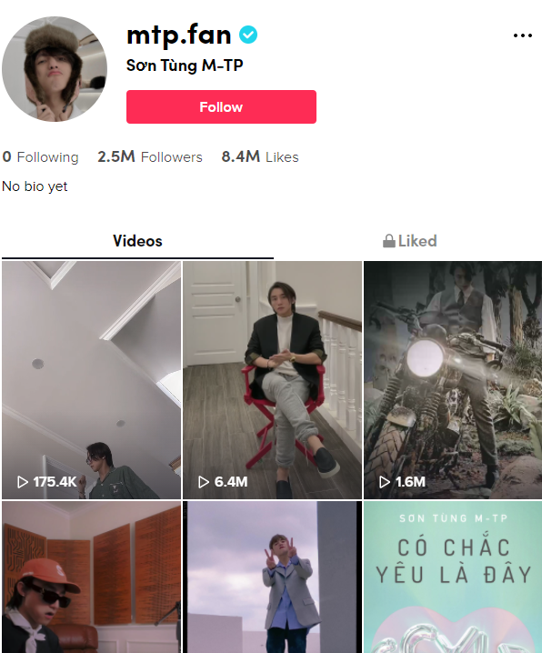 Kênh TikTok chính thức của Sơn Tùng M-TP được nam ca sĩ bất ngờ chăm chút, chưa đầy 10 video clip (từ năm 2018 đến nay) mà đã có 2,5 triệu người theo dõi.