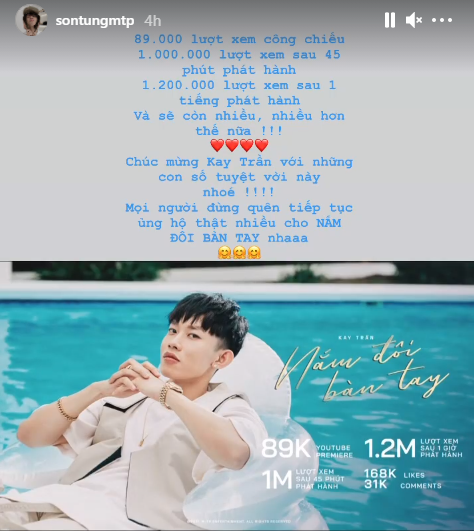 Sơn Tùng M-TP chúc mừng Kay Trần với những thành tích đầu tiên của MV &quot;Nắm Đôi Bàn Tay&quot;.