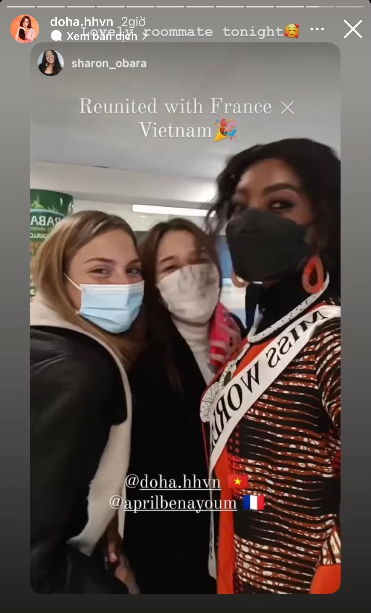 Đỗ Thị Hà hội ngộ Hoa hậu Kenya và Pháp sau khi đến Puerto Rico.