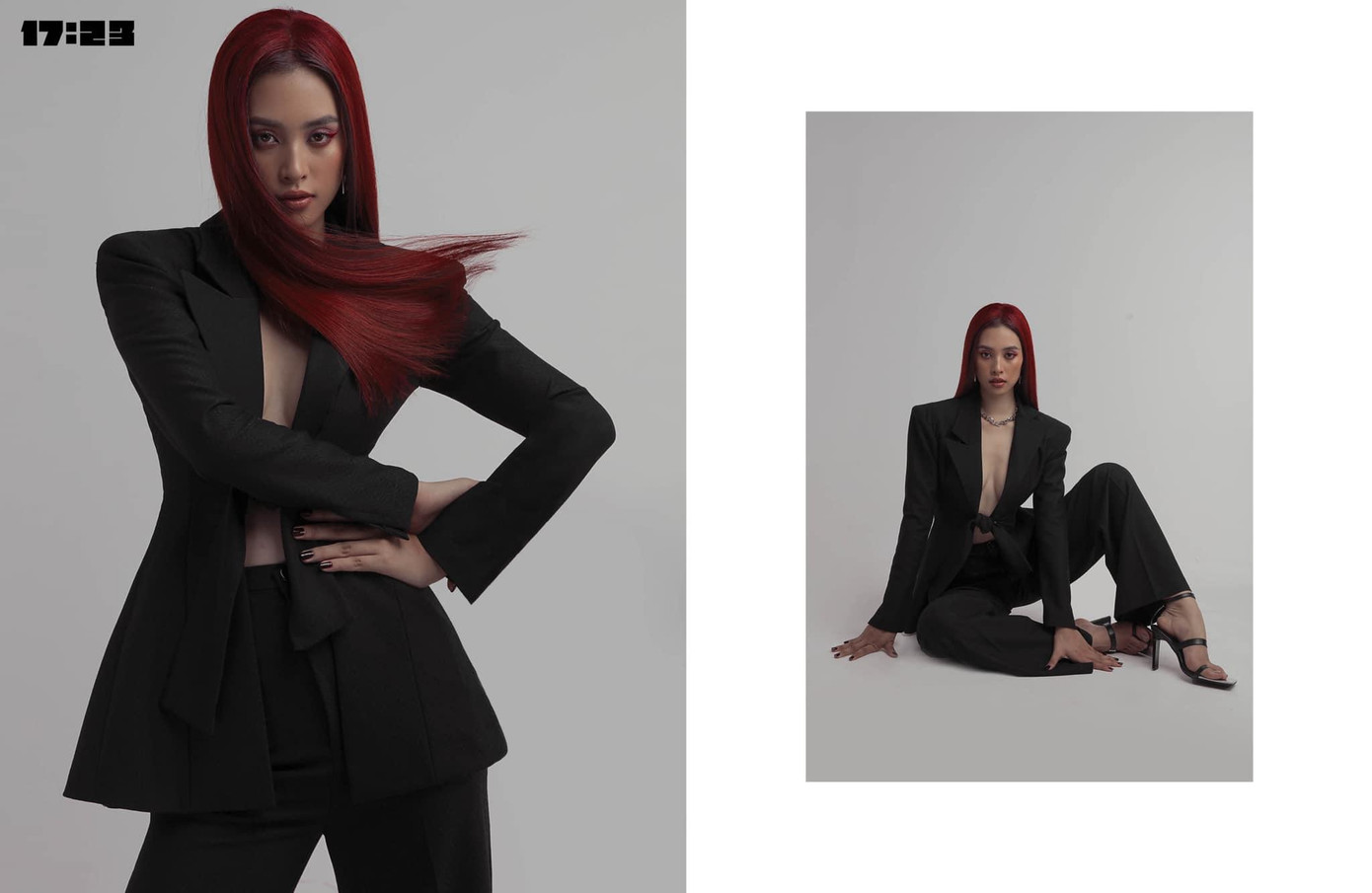 Áo vest oversize với thiết kế xẻ cực táo bạo mang lại vẻ ấn tượng cho Tiểu Vy khi xuất hiện trên tạp chí thời trang.