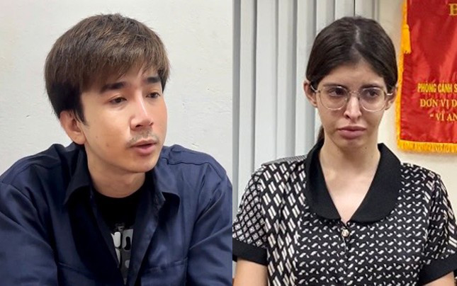 Ca sĩ Chi Dân và người mẫu An Tây tại cơ quan công an. Ảnh: Công an cung cấp.