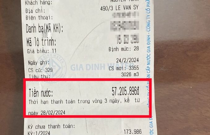 Hóa đơn tiền nước 57 triệu đồng của một hộ dân tại TPHCM. Ảnh: An Huy Hóa đơn tiền nước 57 triệu đồng của một hộ dân tại TPHCM. Ảnh: An Huy