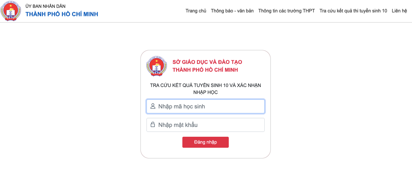 Phần mềm tra cứu kết quả thi tuyển sinh 10 của Sở GD&ĐT TPHCM. Ảnh chụp màn hình Phần mềm tra cứu kết quả thi tuyển sinh 10 của Sở GD&ĐT TPHCM. Ảnh chụp màn hình