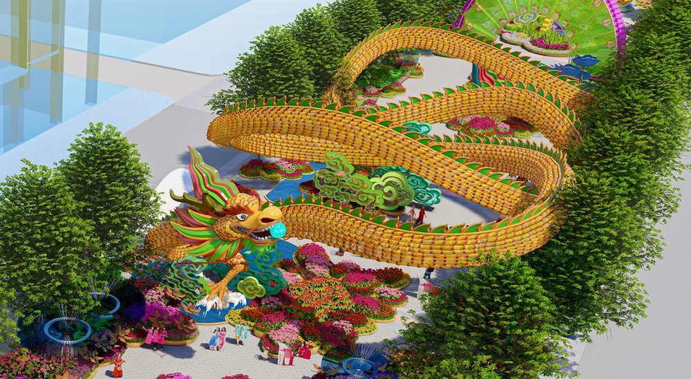 Phối cảnh linh vật rồng khổng lồ trên công trình Đường hoa Nguyễn Huệ. Ảnh: Ban tổ chức. Phối cảnh linh vật rồng khổng lồ trên công trình Đường hoa Nguyễn Huệ. Ảnh: Ban tổ chức.