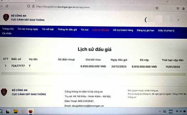 Lịch sử đấu giá biển số 72A-777.77 được xác nhận đã nộp đủ 6,85 tỷ đồng. Lịch sử đấu giá biển số 72A-777.77 được xác nhận đã nộp đủ 6,85 tỷ đồng.