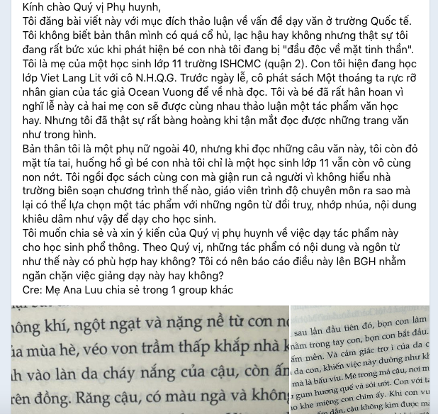 Bài đăng nhận nhiều phản hồi của một phụ huynh tự nhận có con học lớp 11 tại Trường Quốc tế TPHCM. Ảnh chụp màn hình.