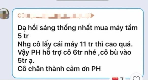 Tin nhắn cô H. xin phụ huynh ủng hộ mua máy tính cá nhân. Ảnh chụp màn hình