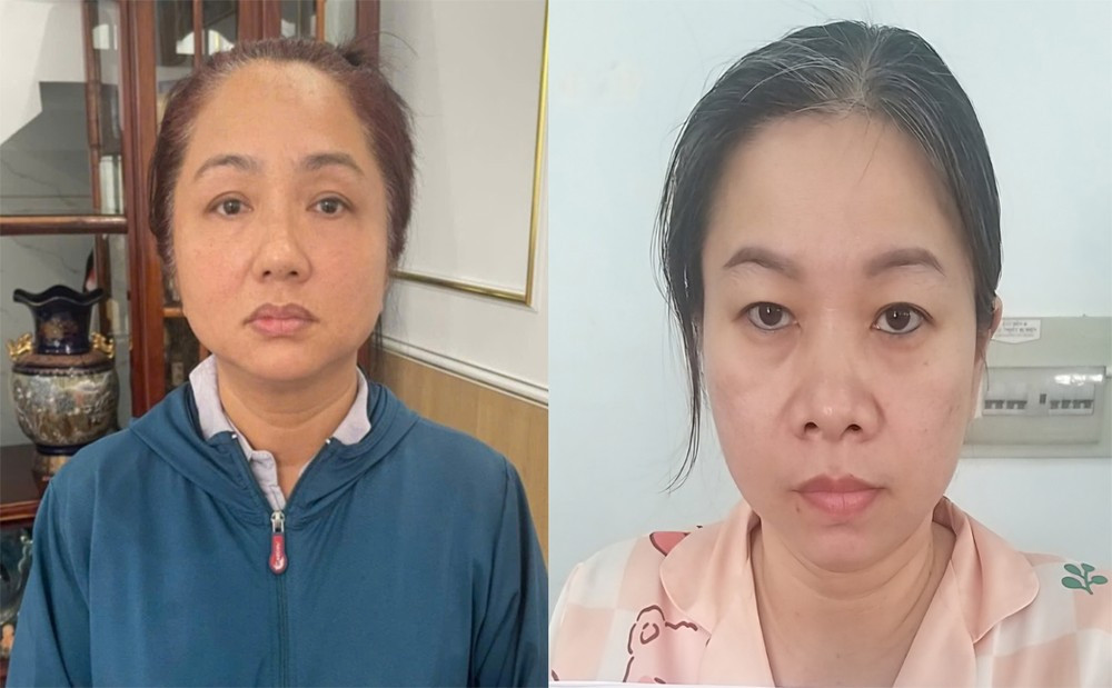 Bà Tuyền (bên trái) và bà Cẩm tại cơ quan công an. Ảnh: Công an cung cấp.