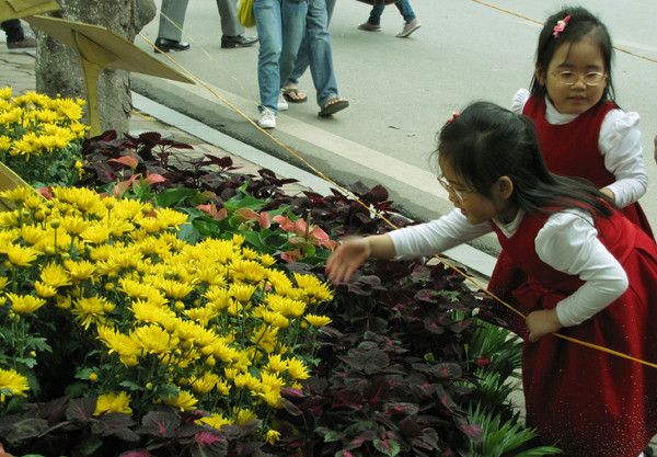 Một cặp trẻ sinh đôi vui mừng vì được đi chơi hội