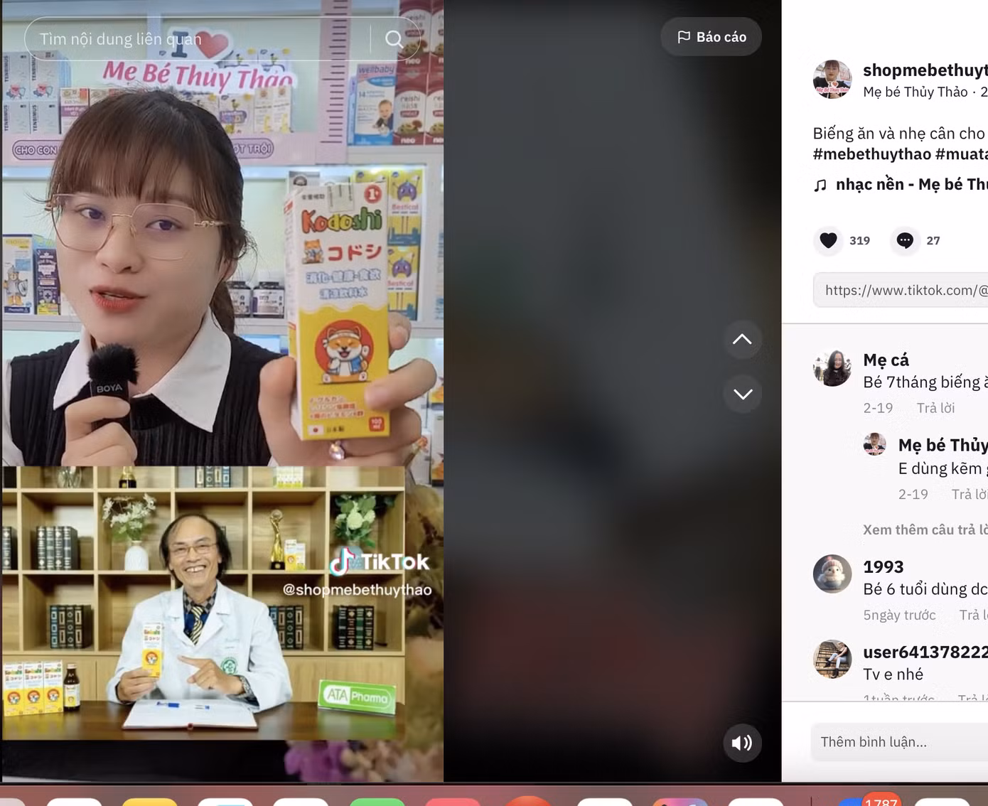 Clip về TPBVSK Siro Kodoshi của các shop mẹ bé trên Tik Tok luôn thu hút hàng chục nghìn lượt tương tác