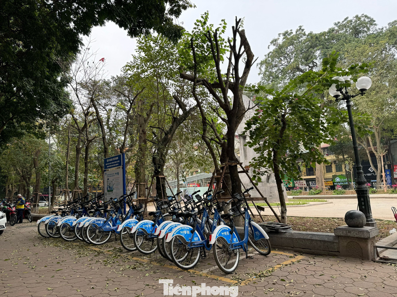 Hệ thống cho thuê xe đạp công cộng đặt ở vườn hoa để du khách thuận tiện hơn trong việc tham quan khu phố cổ lân cận.