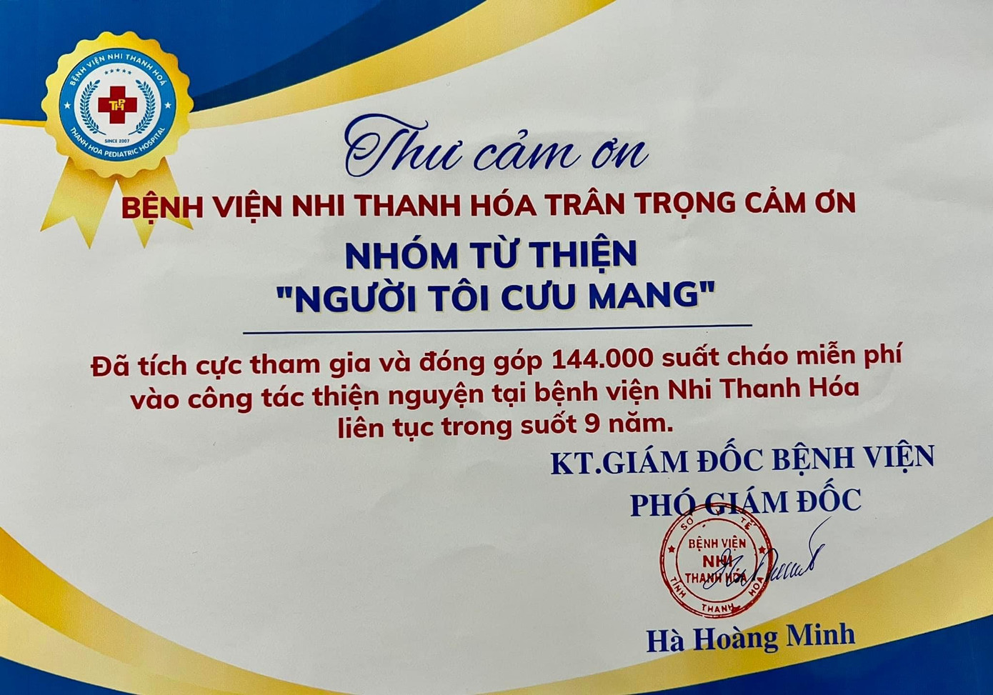 Bệnh viện Nhi Thanh Hóa gửi thư cảm ơn nhóm từ thiện "Người tôi cưu mang".