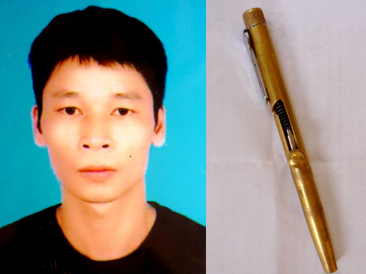 Đối tượng Nguyễn Tiến Công (ảnh trái) và chiếc bút ám sút dùng bắn ông Kháng