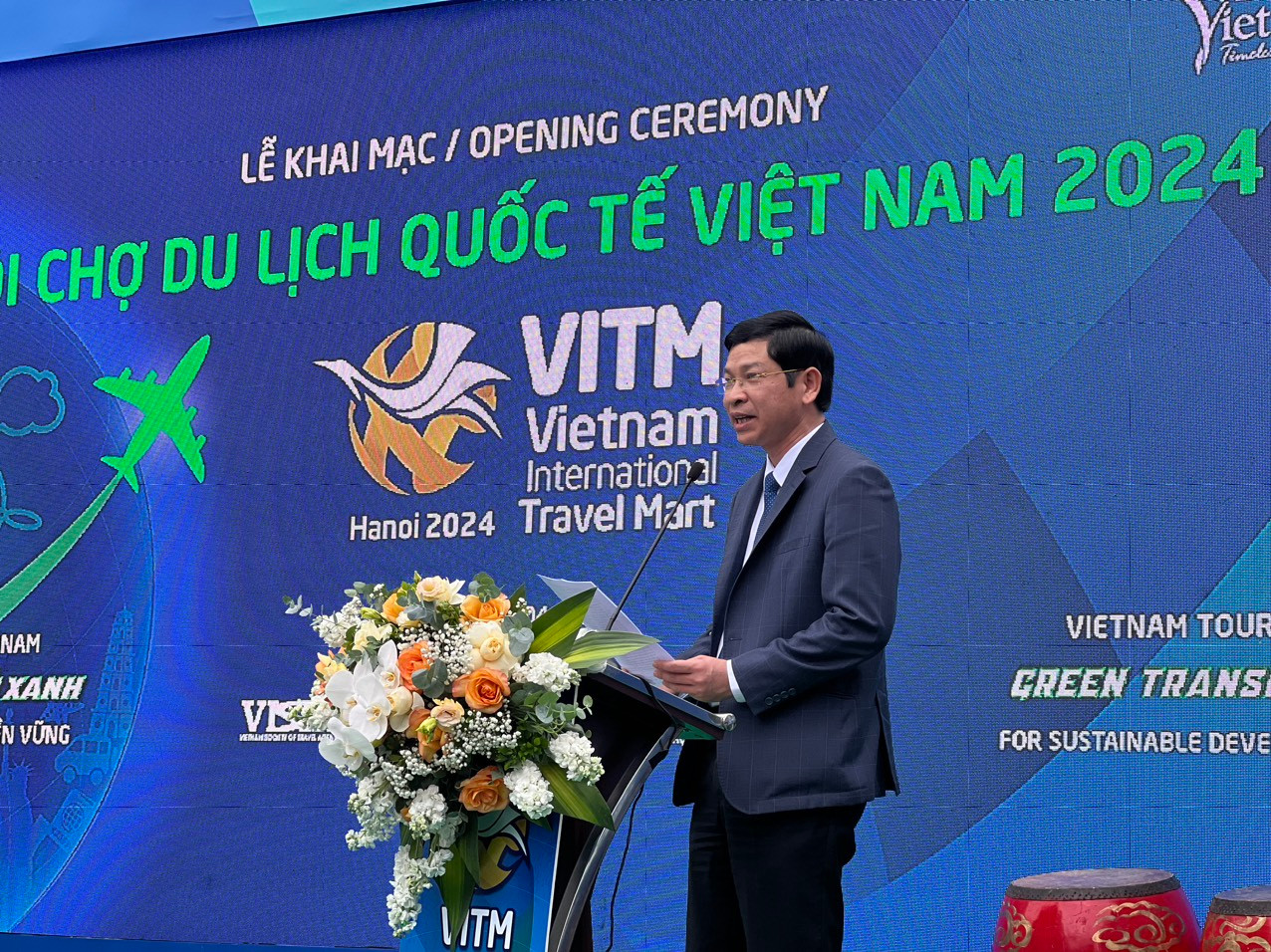 Thứ trưởng Bộ Văn hóa, Thể thao và Du lịch Hồ An Phong phát biểu khai mạc Hội chợ Du lịch Quốc tế Việt Nam VITM Hà Nội 2024.