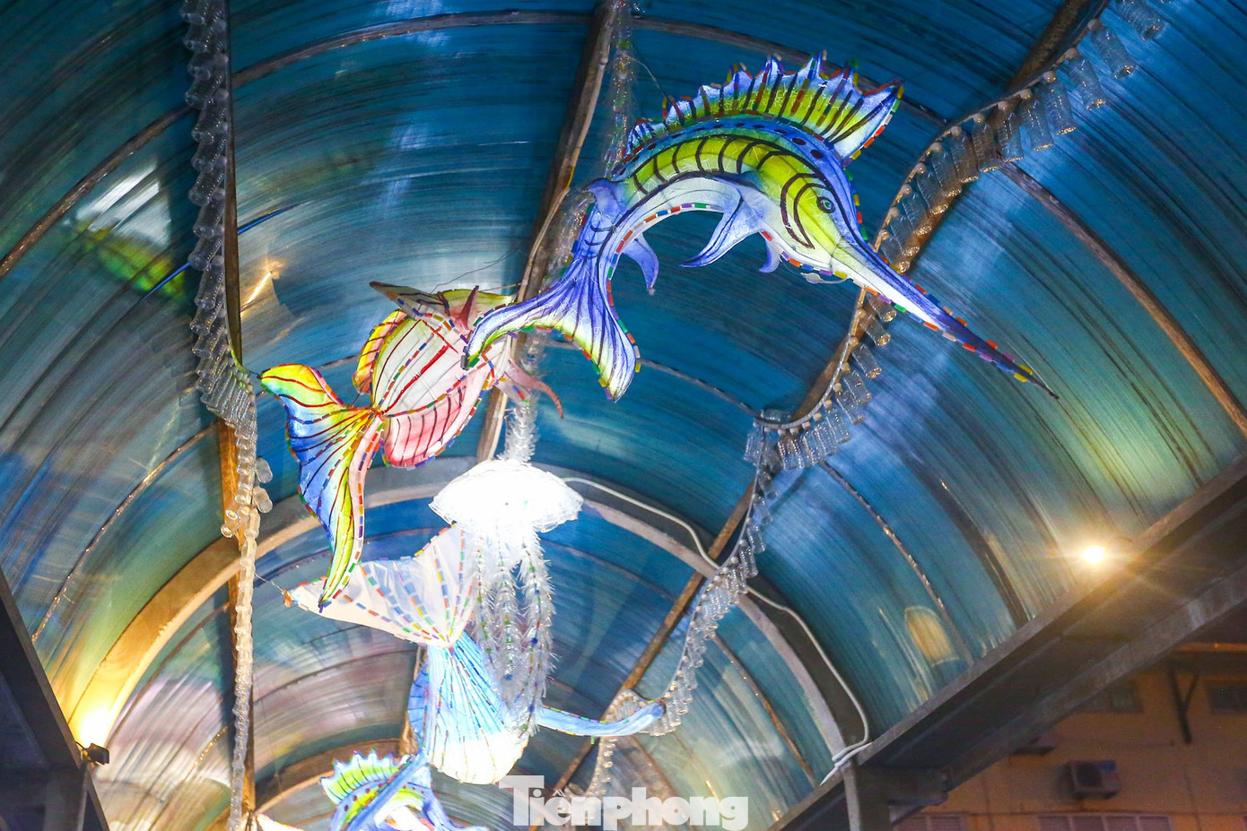 Các loài cá, mực, sứa…được làm từ vỏ chai nhựa, cốc nhựa, ống hút nhựa, ni lông tái chế… được thu gom từ khắp nơi trong thành phố. Sắp đặt các loài cá đại dương được hấp thu ánh sáng bởi hệ thống đèn hắt dọc 2 bên vòm cầu, hệ thống ánh sáng đèn led bên trong. Các loài cá, mực, sứa…được làm từ vỏ chai nhựa, cốc nhựa, ống hút nhựa, ni lông tái chế… được thu gom từ khắp nơi trong thành phố. Sắp đặt các loài cá đại dương được hấp thu ánh sáng bởi hệ thống đèn hắt dọc 2 bên vòm cầu, hệ thống ánh sáng đèn led bên trong.