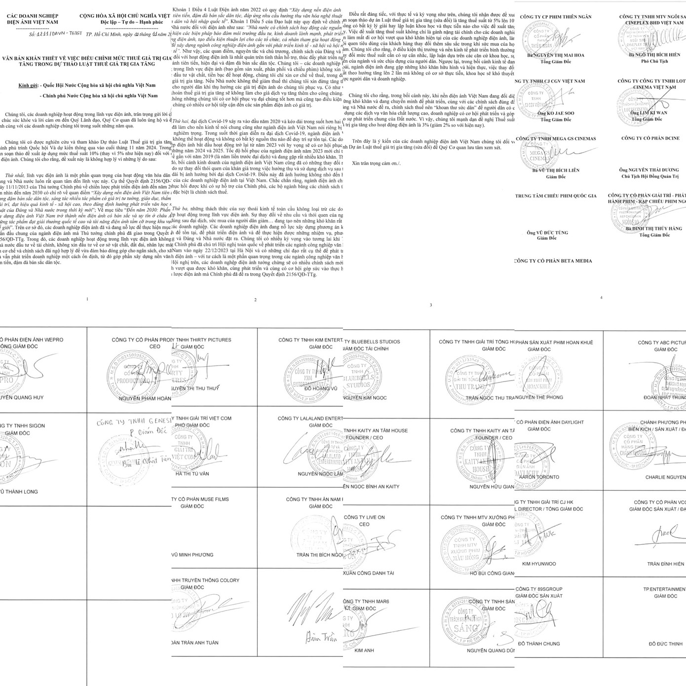 Văn bản kiến nghị cùng nhiều con dấu, chữ ký của các doanh nghiệp trong lĩnh vực điện ảnh. Văn bản kiến nghị cùng nhiều con dấu, chữ ký của các doanh nghiệp trong lĩnh vực điện ảnh.