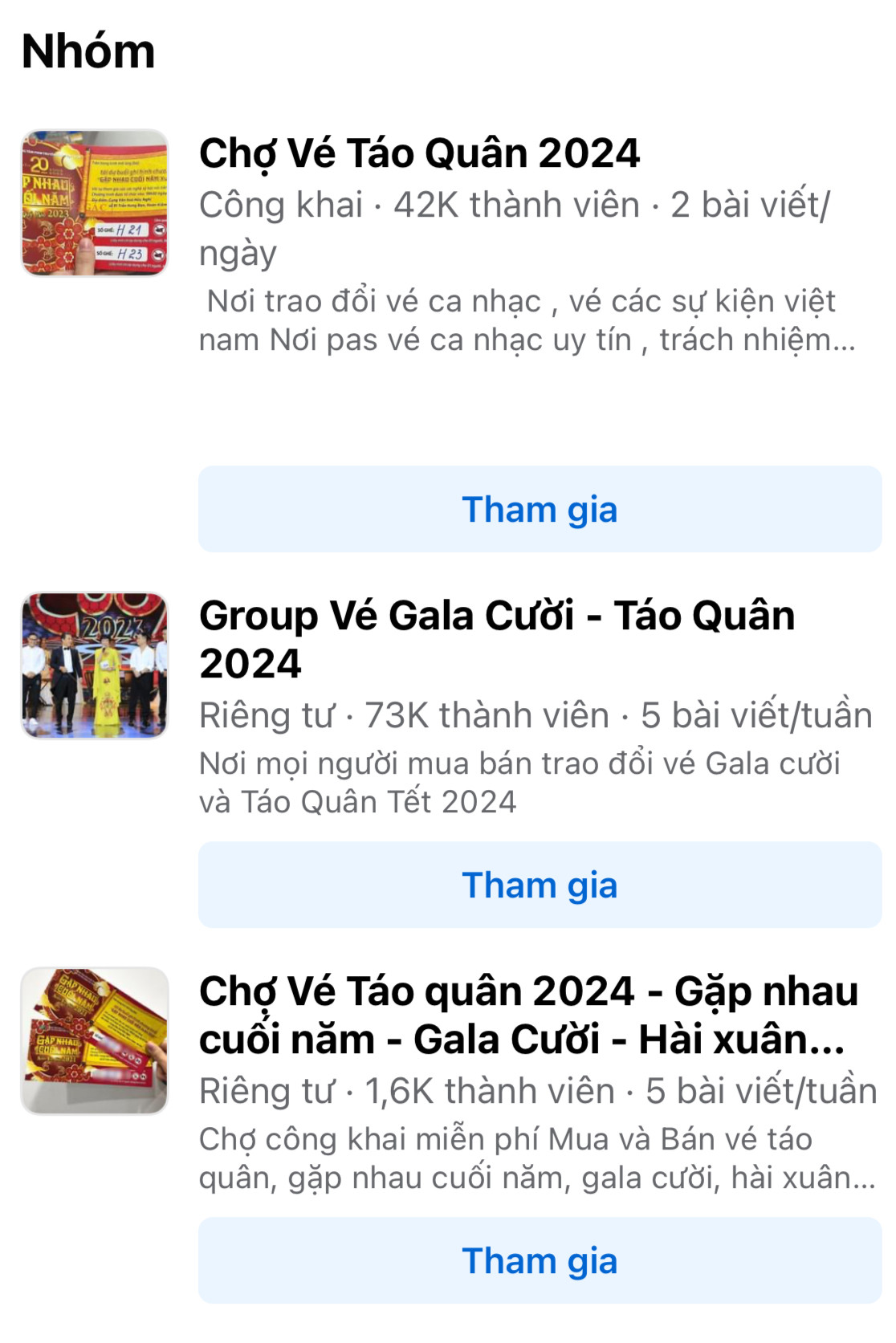 Những nhóm buôn bán vé Táo Quân 2024nở rộ thu hút hàng chục nghìn thành viên. Những nhóm buôn bán vé Táo Quân 2024nở rộ thu hút hàng chục nghìn thành viên.