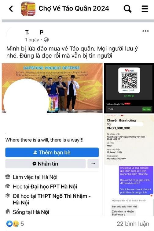 Tài khoản Facebook T.P đăng tải trong nhóm Chợ vé Táo Quân 2024cảnh báo về tình trạng lừa đảo của tài khoản N.Đ.Q.