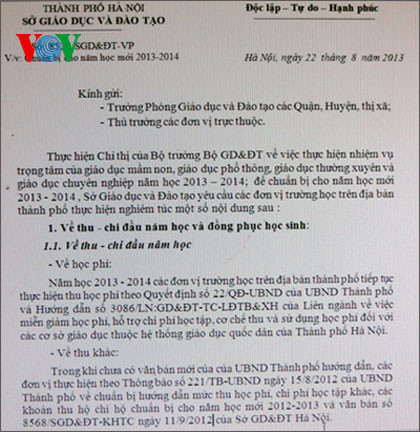 Sở GD-ĐT Hà Nội đã có văn bản yêu cầu các trường thực hiện nghiêm công tác thu-chi năm học mới 2013-2014. Sở GD-ĐT Hà Nội đã có văn bản yêu cầu các trường thực hiện nghiêm công tác thu-chi năm học mới 2013-2014