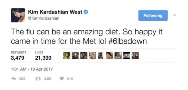Sau khi tiết lộ bí mật &quot;động trời&quot; kia, cộng đồng mạng nhanh chóng đào lại phát ngôn gây tranh cãi năm 2017 của Kim khi cô cho rằng bị cảm là một phương pháp giảm cân tuyệt vời.