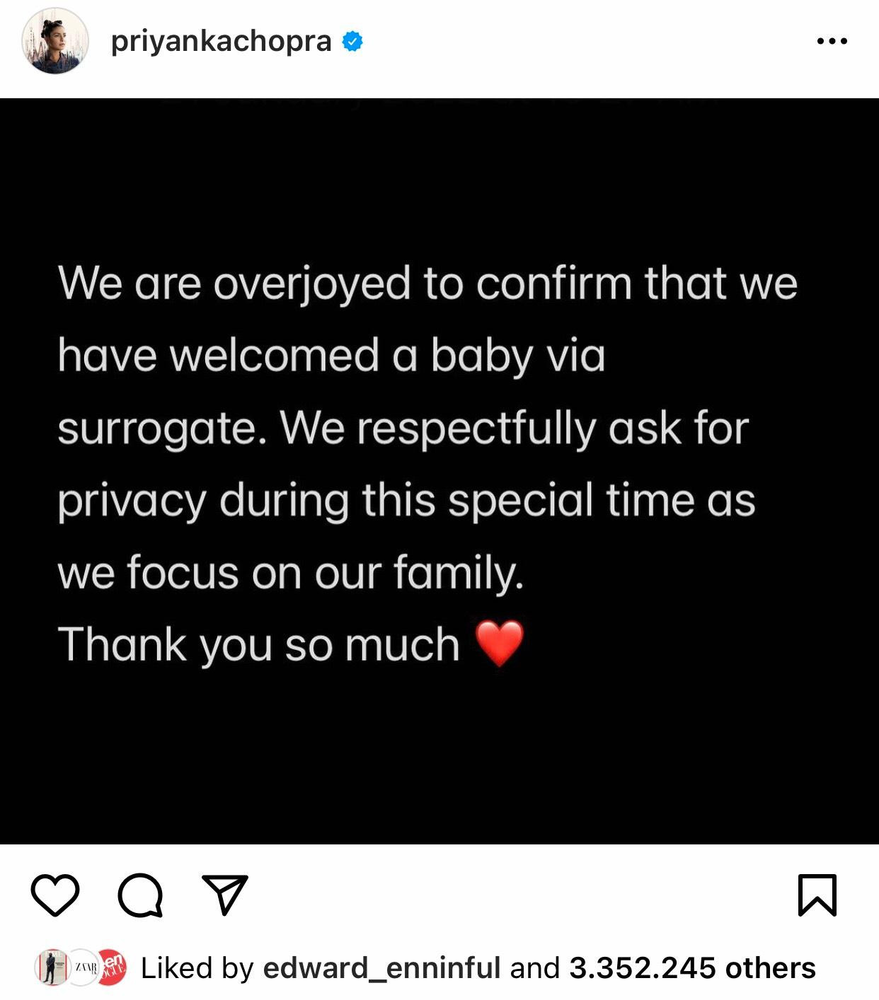 Thông báo chính thức của cặp đôi trên trang cá nhân.